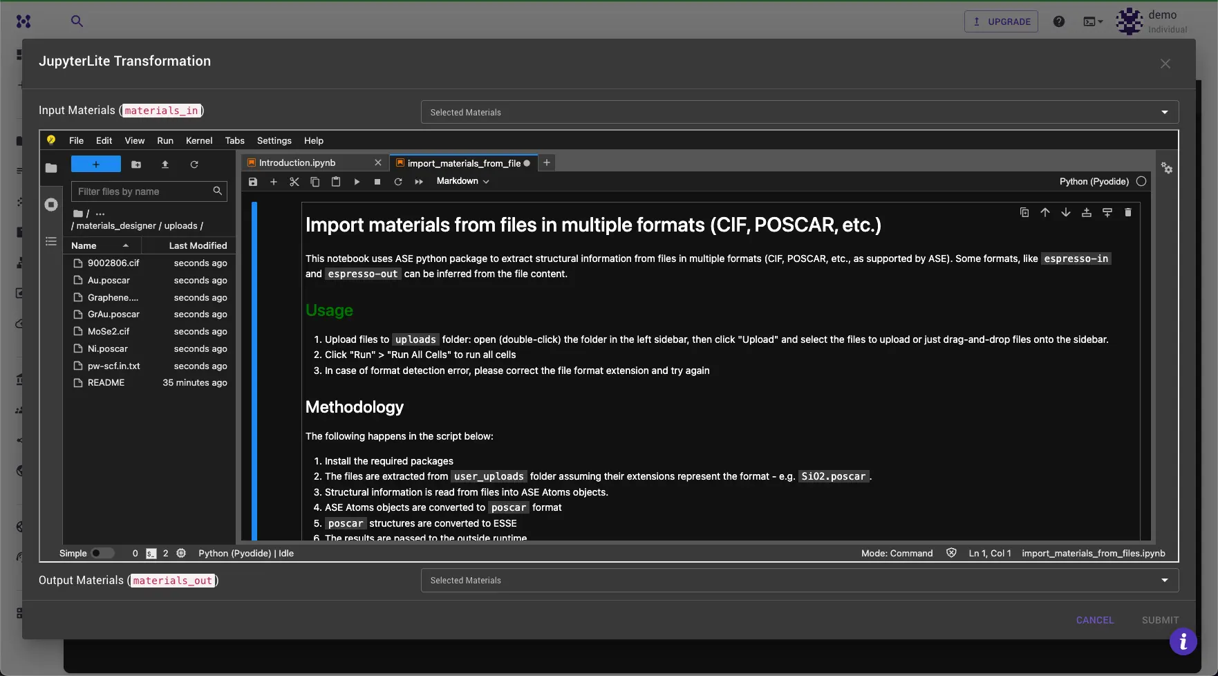 JupyterLite session with uploaded files in the files browser